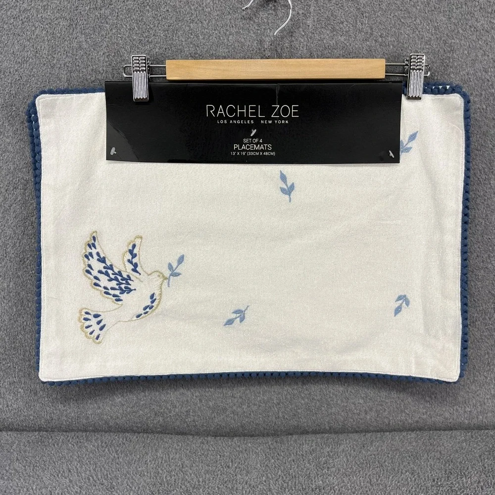 Rachel Zoe‎ placemats Set of 4 Embroidered Dove Peace 13 x 19 silver sparkle